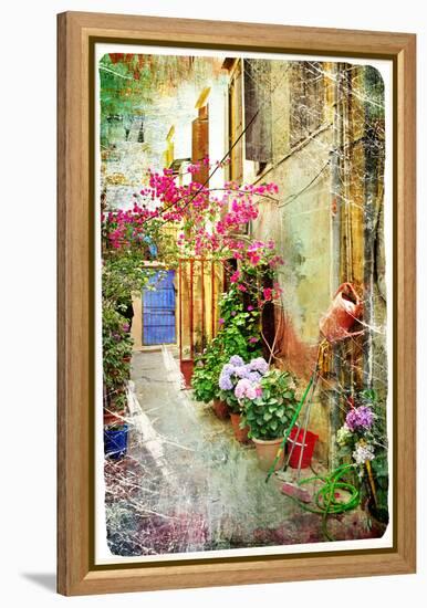 Pictorial Courtyards Of Greece- Artwork In Retro Painting Style-Maugli-l-Framed Stretched Canvas