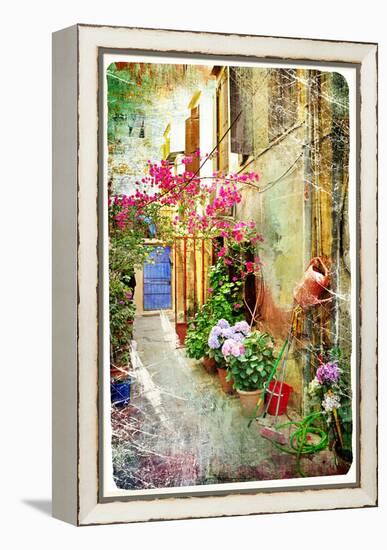 Pictorial Courtyards Of Greece- Artwork In Retro Painting Style-Maugli-l-Framed Stretched Canvas