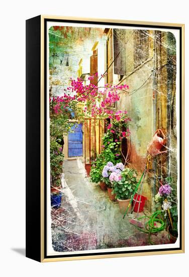 Pictorial Courtyards Of Greece- Artwork In Retro Painting Style-Maugli-l-Framed Stretched Canvas