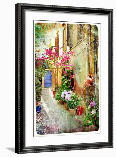 Pictorial Courtyards Of Greece- Artwork In Retro Painting Style-Maugli-l-Framed Art Print