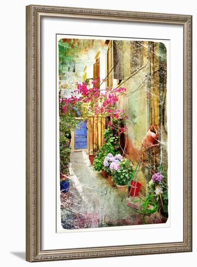 Pictorial Courtyards Of Greece- Artwork In Retro Painting Style-Maugli-l-Framed Art Print