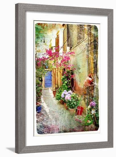 Pictorial Courtyards Of Greece- Artwork In Retro Painting Style-Maugli-l-Framed Art Print