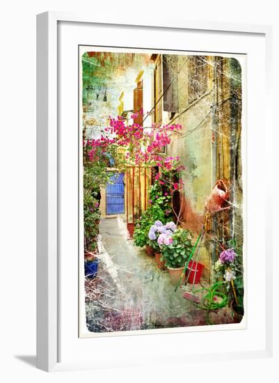 Pictorial Courtyards Of Greece- Artwork In Retro Painting Style-Maugli-l-Framed Art Print