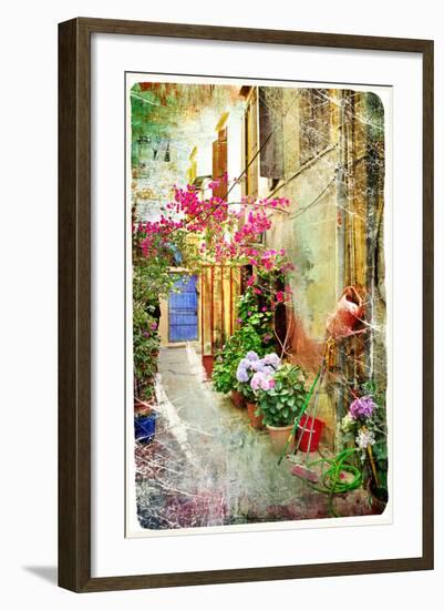 Pictorial Courtyards Of Greece- Artwork In Retro Painting Style-Maugli-l-Framed Art Print