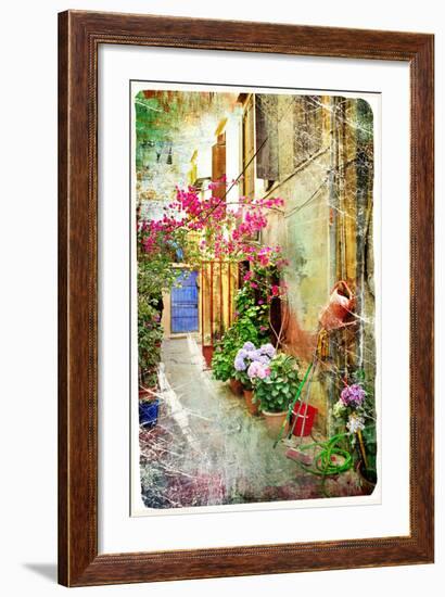 Pictorial Courtyards Of Greece- Artwork In Retro Painting Style-Maugli-l-Framed Art Print