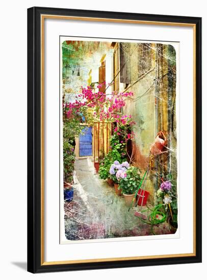 Pictorial Courtyards Of Greece- Artwork In Retro Painting Style-Maugli-l-Framed Art Print