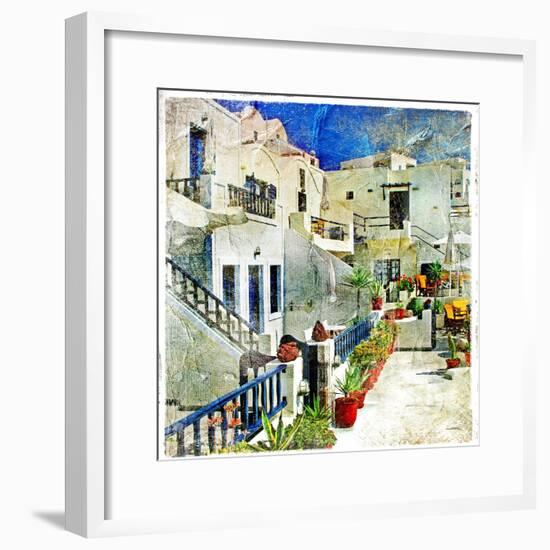 Pictorial Courtyards Of Santorini -Artwork In Painting Style-Maugli-l-Framed Premium Giclee Print