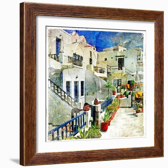 Pictorial Courtyards Of Santorini -Artwork In Painting Style-Maugli-l-Framed Premium Giclee Print