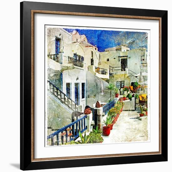 Pictorial Courtyards Of Santorini -Artwork In Painting Style-Maugli-l-Framed Premium Giclee Print