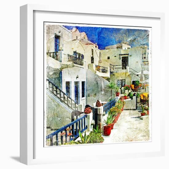 Pictorial Courtyards Of Santorini -Artwork In Painting Style-Maugli-l-Framed Premium Giclee Print