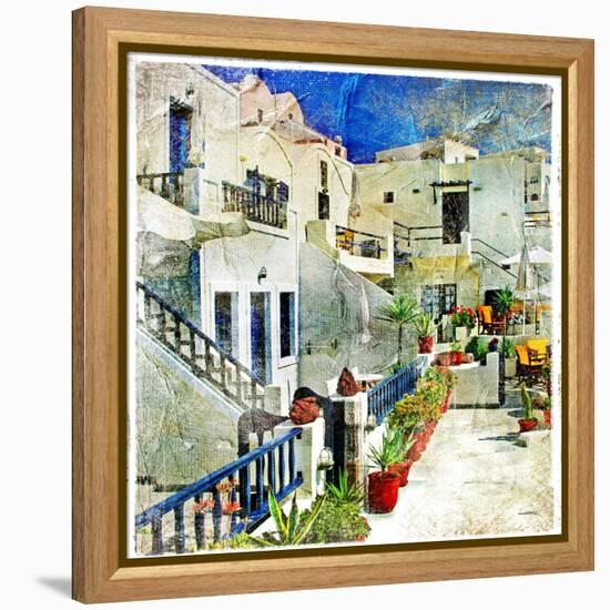 Pictorial Courtyards Of Santorini -Artwork In Painting Style-Maugli-l-Framed Stretched Canvas