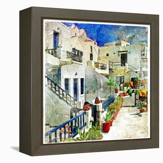 Pictorial Courtyards Of Santorini -Artwork In Painting Style-Maugli-l-Framed Stretched Canvas