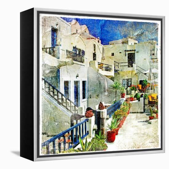 Pictorial Courtyards Of Santorini -Artwork In Painting Style-Maugli-l-Framed Stretched Canvas