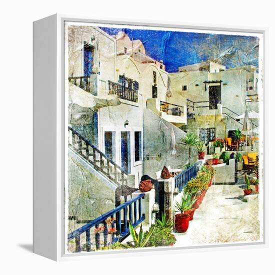 Pictorial Courtyards Of Santorini -Artwork In Painting Style-Maugli-l-Framed Stretched Canvas