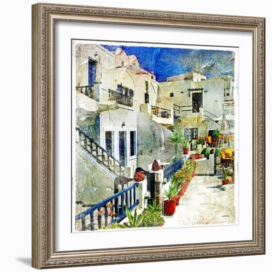 Pictorial Courtyards Of Santorini -Artwork In Painting Style-Maugli-l-Framed Art Print