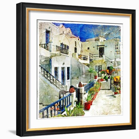 Pictorial Courtyards Of Santorini -Artwork In Painting Style-Maugli-l-Framed Art Print