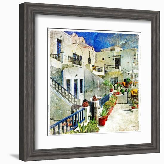 Pictorial Courtyards Of Santorini -Artwork In Painting Style-Maugli-l-Framed Art Print