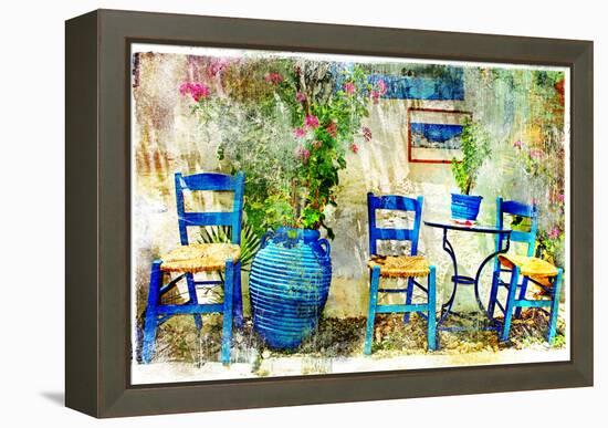 Pictorial Details of Greece - Old Chairs in Taverna- Retro Styled Picture-Maugli-l-Framed Stretched Canvas