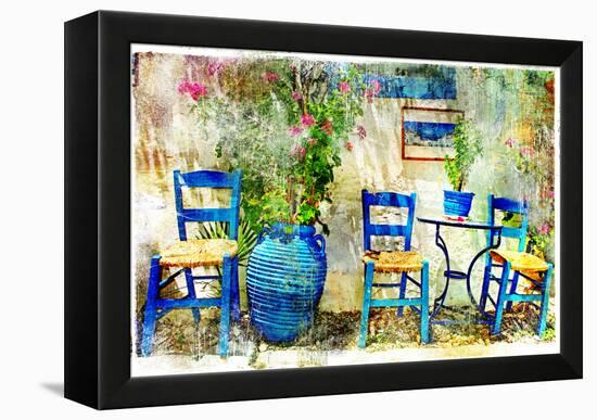 Pictorial Details of Greece - Old Chairs in Taverna- Retro Styled Picture-Maugli-l-Framed Stretched Canvas