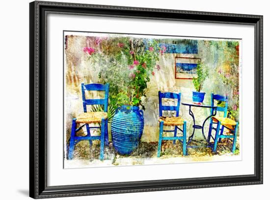 Pictorial Details of Greece - Old Chairs in Taverna- Retro Styled Picture-Maugli-l-Framed Art Print