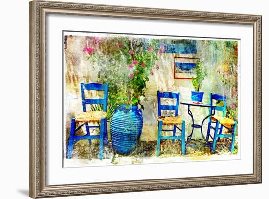 Pictorial Details of Greece - Old Chairs in Taverna- Retro Styled Picture-Maugli-l-Framed Art Print