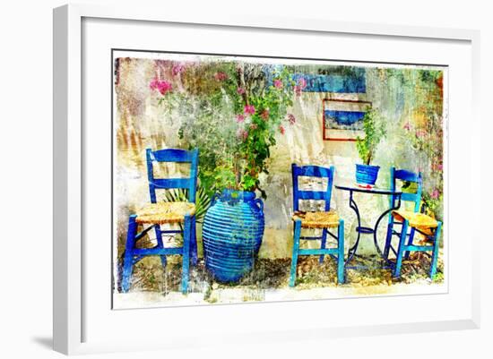 Pictorial Details of Greece - Old Chairs in Taverna- Retro Styled Picture-Maugli-l-Framed Art Print