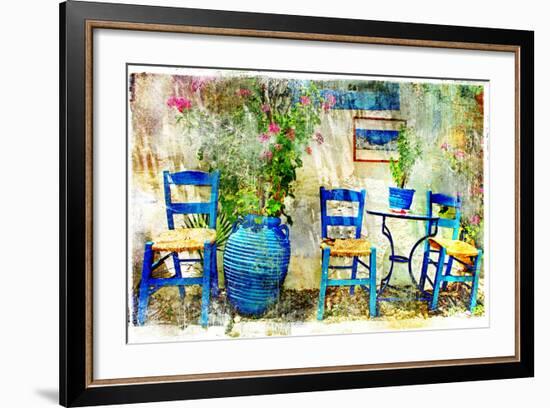 Pictorial Details of Greece - Old Chairs in Taverna- Retro Styled Picture-Maugli-l-Framed Art Print