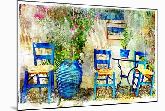 Pictorial Details of Greece - Old Chairs in Taverna- Retro Styled Picture-Maugli-l-Mounted Art Print