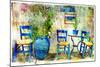 Pictorial Details of Greece - Old Chairs in Taverna- Retro Styled Picture-Maugli-l-Mounted Art Print
