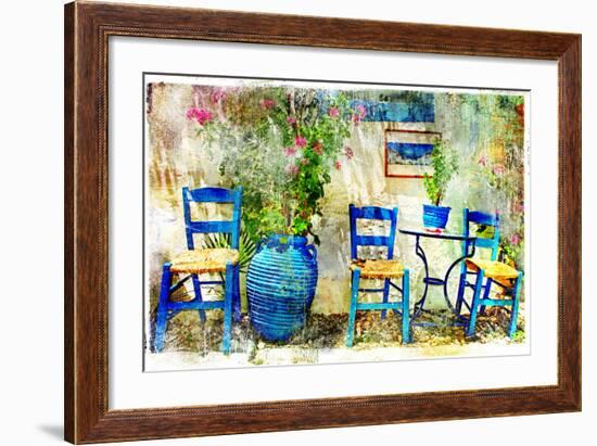 Pictorial Details of Greece - Old Chairs in Taverna- Retro Styled Picture-Maugli-l-Framed Art Print