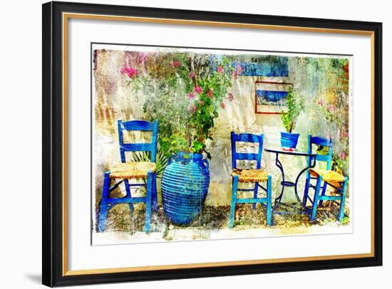 Pictorial Details of Greece - Old Chairs in Taverna- Retro Styled Picture-Maugli-l-Framed Art Print