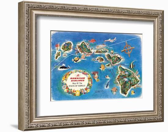 Pictorial Map of the State of Hawaii - Hawaiian Airlines Route Map-Pacifica Island Art-Framed Art Print