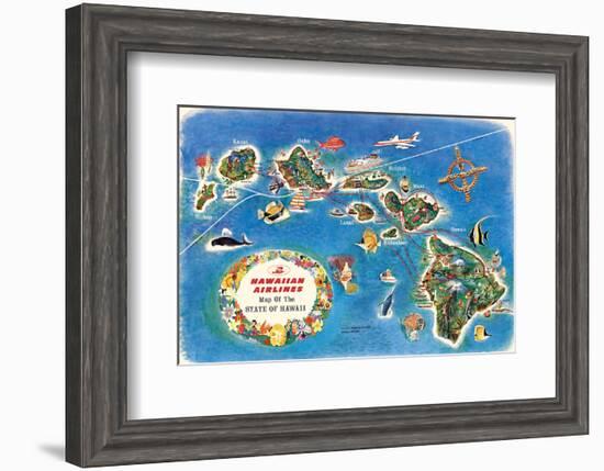 Pictorial Map of the State of Hawaii - Hawaiian Airlines Route Map-Pacifica Island Art-Framed Art Print