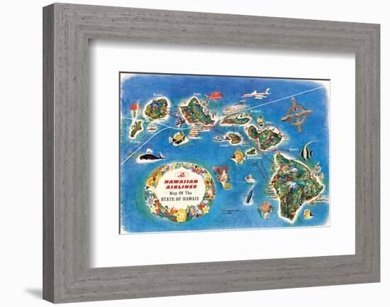 Pictorial Map of the State of Hawaii - Hawaiian Airlines Route Map-Pacifica Island Art-Framed Art Print