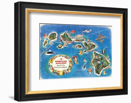Pictorial Map of the State of Hawaii - Hawaiian Airlines Route Map-Pacifica Island Art-Framed Art Print