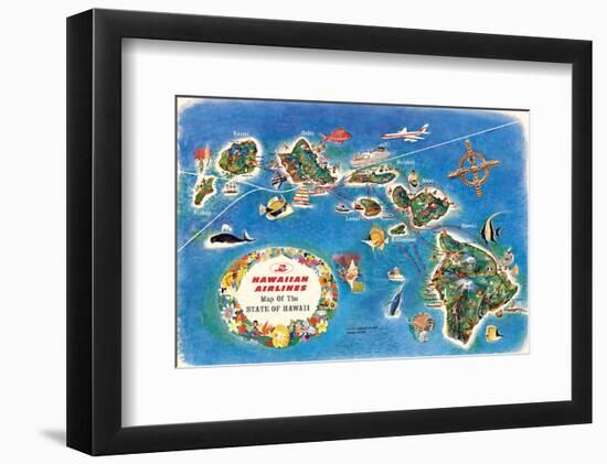 Pictorial Map of the State of Hawaii - Hawaiian Airlines Route Map-Pacifica Island Art-Framed Art Print