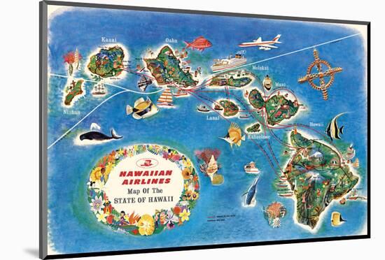 Pictorial Map of the State of Hawaii - Hawaiian Airlines Route Map-Pacifica Island Art-Mounted Art Print