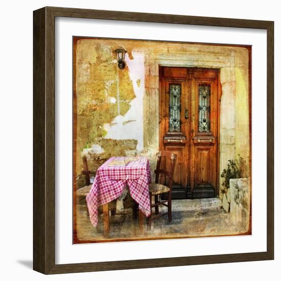 Pictorial Old Greek Streets With Tavernas - Retro Styled Picture-Maugli-l-Framed Art Print