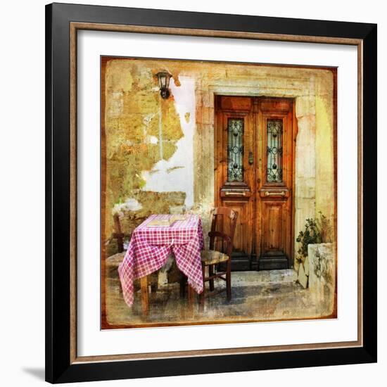 Pictorial Old Greek Streets With Tavernas - Retro Styled Picture-Maugli-l-Framed Art Print