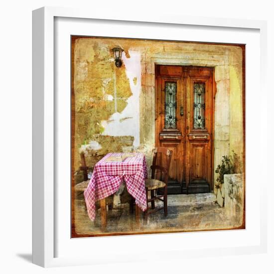 Pictorial Old Greek Streets With Tavernas - Retro Styled Picture-Maugli-l-Framed Art Print