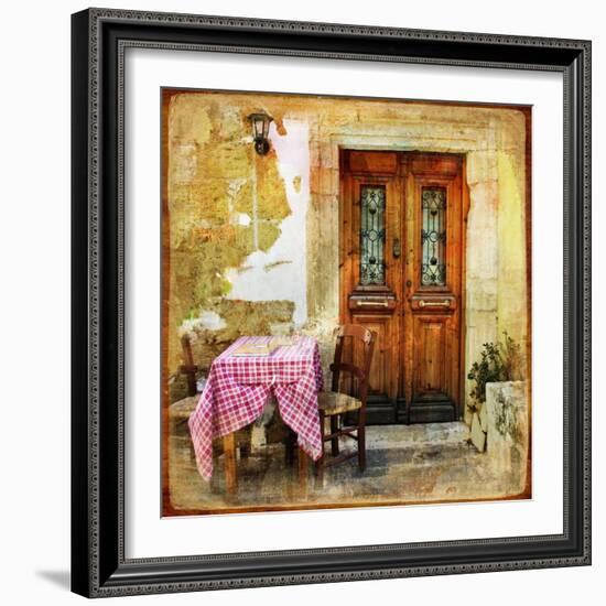 Pictorial Old Greek Streets With Tavernas - Retro Styled Picture-Maugli-l-Framed Art Print