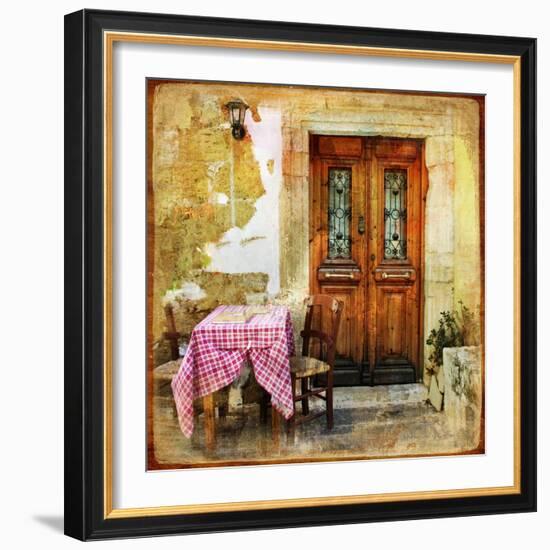 Pictorial Old Greek Streets With Tavernas - Retro Styled Picture-Maugli-l-Framed Art Print