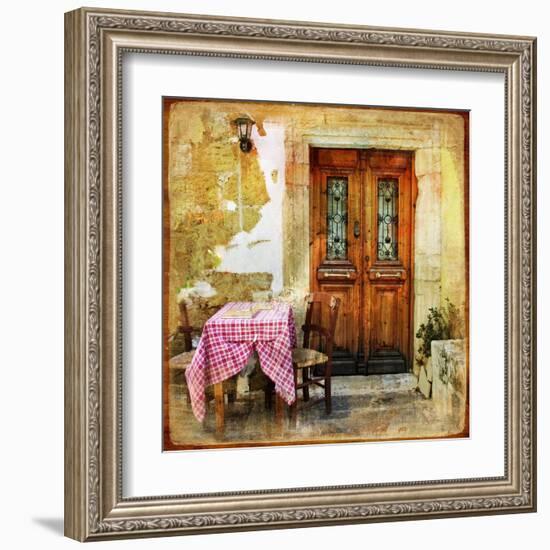 Pictorial Old Greek Streets With Tavernas - Retro Styled Picture-Maugli-l-Framed Art Print