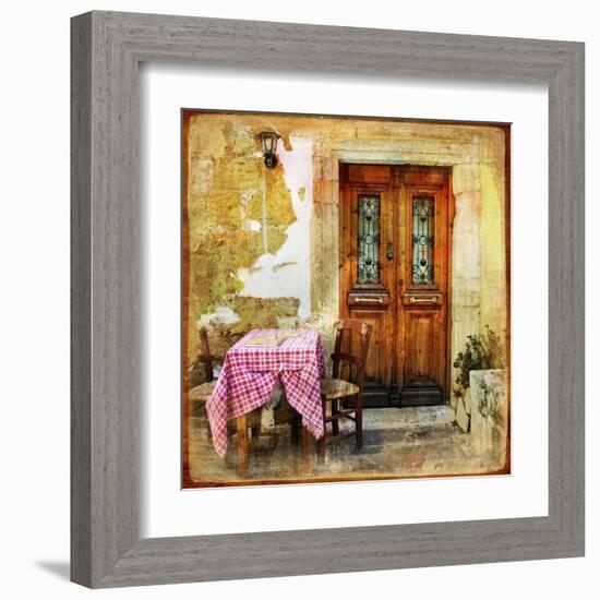 Pictorial Old Greek Streets With Tavernas - Retro Styled Picture-Maugli-l-Framed Art Print