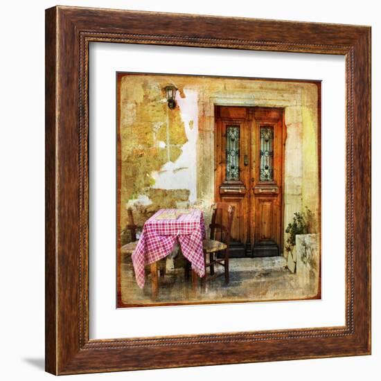 Pictorial Old Greek Streets With Tavernas - Retro Styled Picture-Maugli-l-Framed Art Print