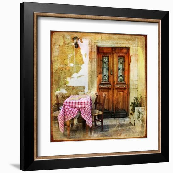 Pictorial Old Greek Streets With Tavernas - Retro Styled Picture-Maugli-l-Framed Art Print