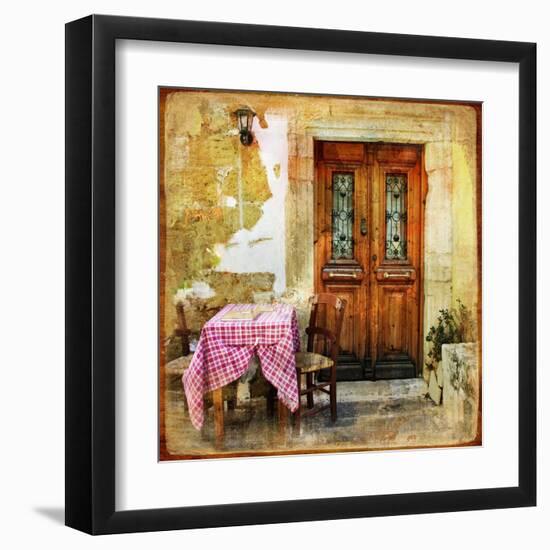 Pictorial Old Greek Streets With Tavernas - Retro Styled Picture-Maugli-l-Framed Art Print