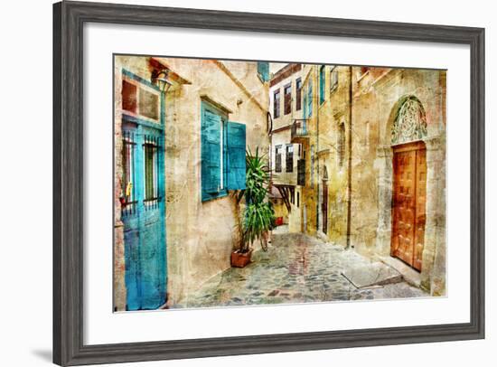 Pictorial Old Streets Of Greece - Picture In Painting Style-Maugli-l-Framed Premium Giclee Print