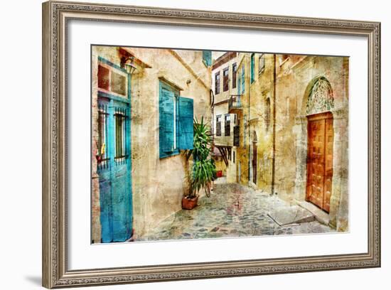 Pictorial Old Streets Of Greece - Picture In Painting Style-Maugli-l-Framed Art Print