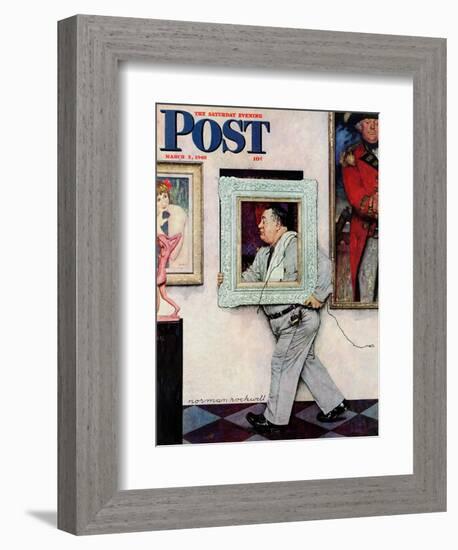"Picture Hanger" or "Museum Worker" Saturday Evening Post Cover, March 2,1946-Norman Rockwell-Framed Giclee Print